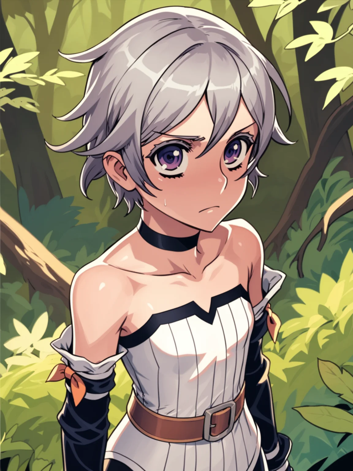 <lora:happy_tentacle-ato-v0.4-000014:1>, ht_ato, fairy, silver hair, purple eyes, vertical-striped shirt, white shirt, belt, choker, bare shoulders, strapless, white thighhighs, bridal gauntlets, outdoors, forest , 1girl, solo, upper body , wide-eyed , ( flustered :1.1), , looking at viewer , standing , facing viewer , score_9, score_8_up, score_7_up, score_6_up, score_5_up, score_4_up