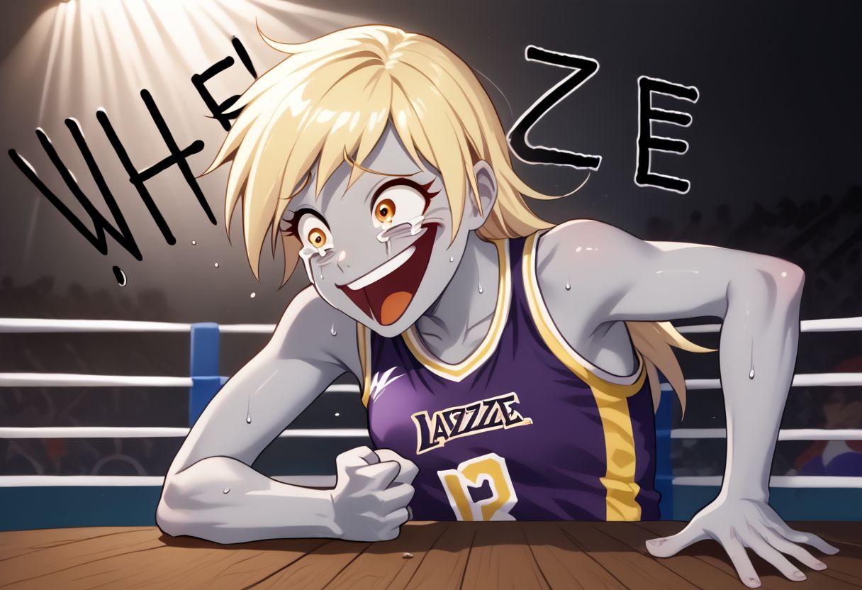 EnD_Niji_Sports, source_pony, Wheeze, open mouth, tears, laughing, Derpy Hooves, colored skin, grey skin, smile, crazy eyes,  collarbone, upper body, shirt, bare shoulders, closed mouth, sweat, sleeveless, makeup,  sportswear, wrestling uniform, hand on table, english text, clenched hand BREAK PonyXLV6_Scores