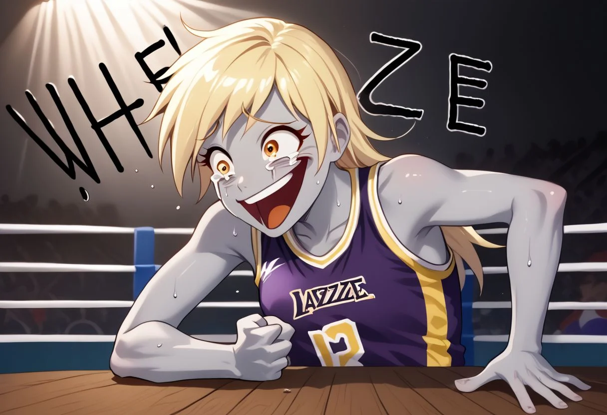 EnD_Niji_Sports, source_pony, Wheeze, open mouth, tears, laughing, Derpy Hooves, colored skin, grey skin, smile, crazy eyes,  collarbone, upper body, shirt, bare shoulders, closed mouth, sweat, sleeveless, makeup,  sportswear, wrestling uniform, hand on table, english text, clenched hand BREAK PonyXLV6_Scores