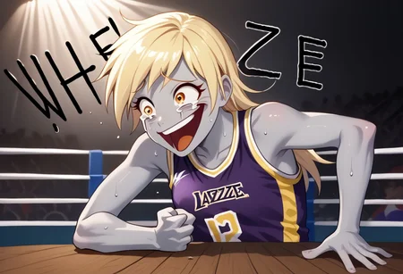 EnD_Niji_Sports, source_pony, Wheeze, open mouth, tears, laughing, Derpy Hooves, colored skin, grey skin, smile, crazy eyes,  collarbone, upper body, shirt, bare shoulders, closed mouth, sweat, sleeveless, makeup,  sportswear, wrestling uniform, hand on table, english text, clenched hand BREAK PonyXLV6_Scores