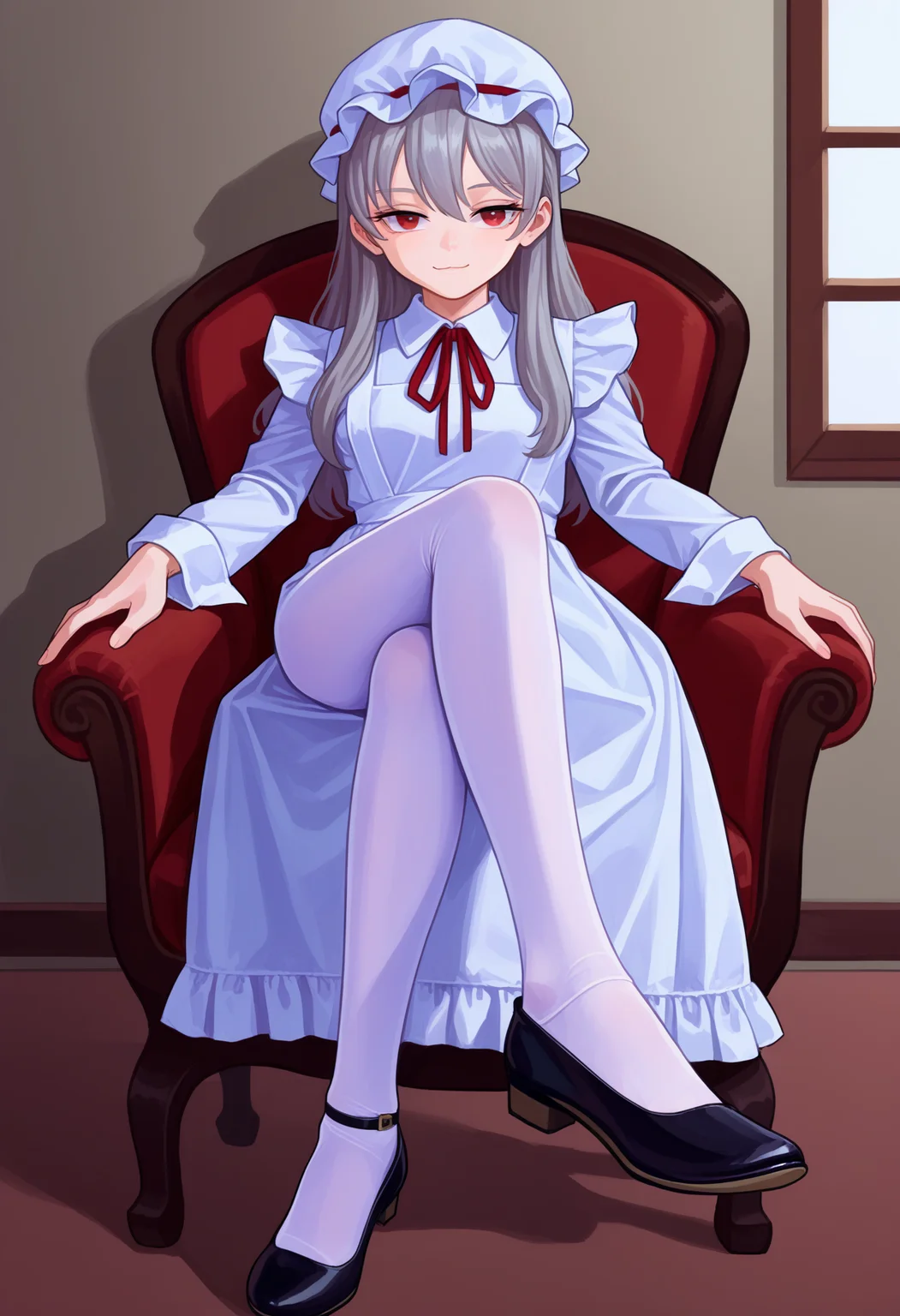 score_9, best quality, masterpiece, uncensored, source_anime
BREAK
1girl, apron, mature female, black footwear, chair, closed mouth, crossed legs, dress, dress tug, expressionless, flower, full body, grey hair, hair between eyes, hat, long hair, long sleeves, looking at viewer, mob cap, neck ribbon, pantyhose, red eyes, red ribbon, ribbon, shoe soles, shoes, sitting, sleeve cuffs, solo, white apron, white hat, white pantyhose, smug, foot focus
<lora:fkey_pony_v1:1>