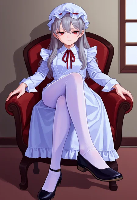 score_9, best quality, masterpiece, uncensored, source_anime
BREAK
1girl, apron, mature female, black footwear, chair, closed mouth, crossed legs, dress, dress tug, expressionless, flower, full body, grey hair, hair between eyes, hat, long hair, long sleeves, looking at viewer, mob cap, neck ribbon, pantyhose, red eyes, red ribbon, ribbon, shoe soles, shoes, sitting, sleeve cuffs, solo, white apron, white hat, white pantyhose, smug, foot focus
<lora:fkey_pony_v1:1>