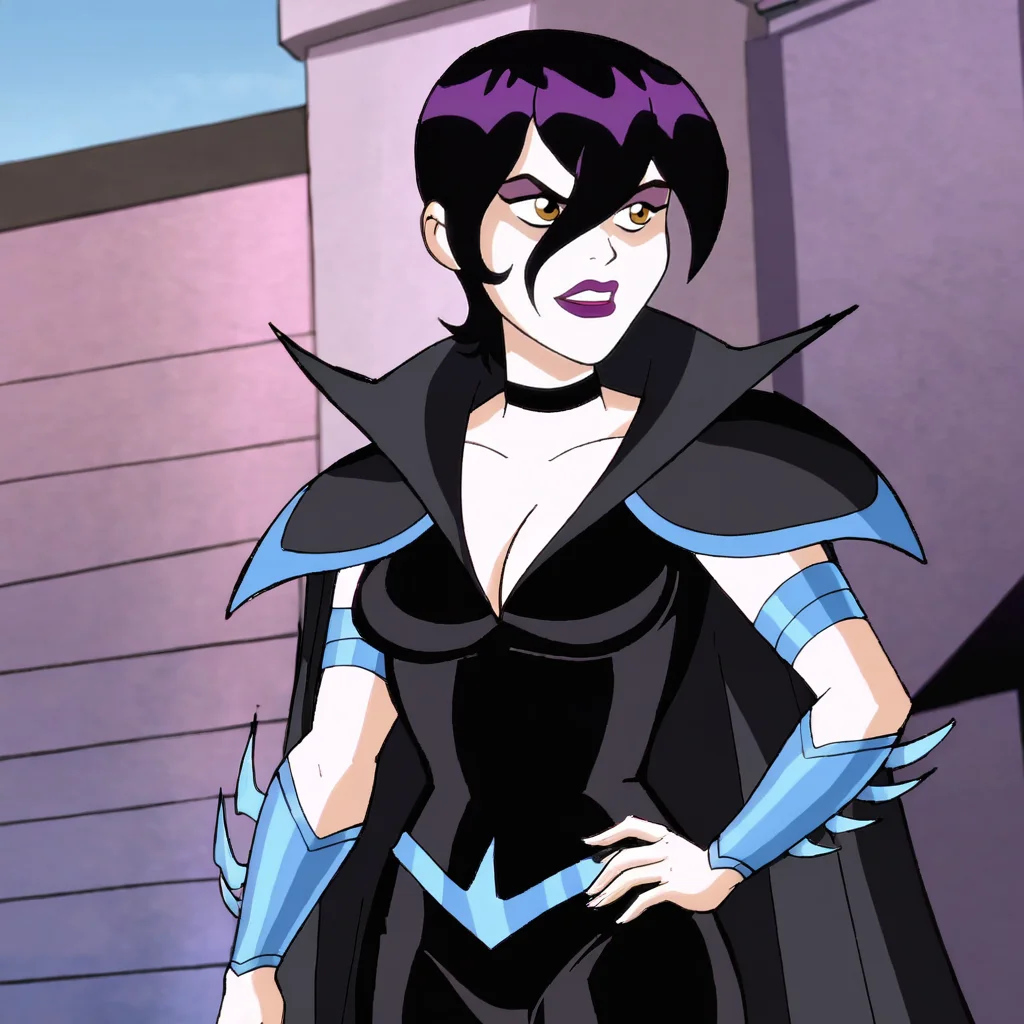 <lora:FoaraLooneyTunes_pony_v1:1>  FaoraLooneyTunes, 1girl, lipstick, makeup, black cape, short hair, black hair, medium breasts, choker, cleavage, hair between eyes, purple lips, bodysuit, armor, cowboy shot