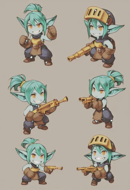 masterpiece, best quality, fft_style, 1girl, yordle, teal skin, jade hair, shortstack, action shot, toothy grin, gunner class, dual pistols