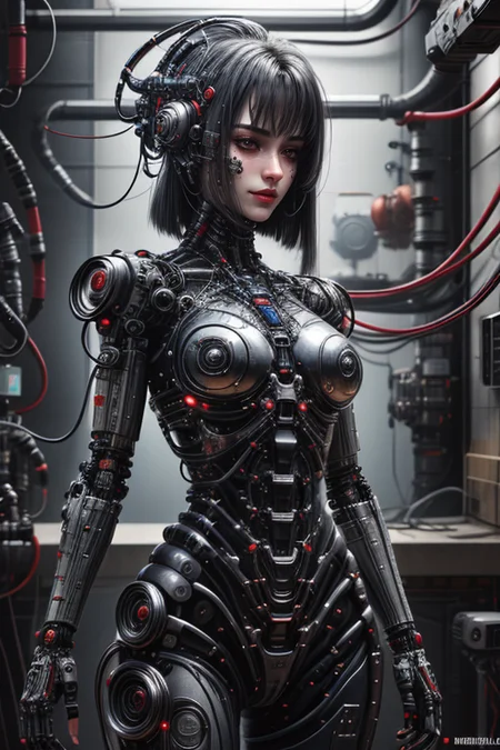 cybernetic robot masterpiece,best quality,absurdres,high details,8K,photorealistic,amazing body,at distance,cowboy shot,posing,flirting,(playful gaze, smirking:1.1),1girl,<lora:dylanKowalski:0.5>,bydylankowalski,<lora:Concept_-_Hella-sthetic_v2:0.7>, . android, AI, machine, metal, wires, tech, futuristic, highly detailed