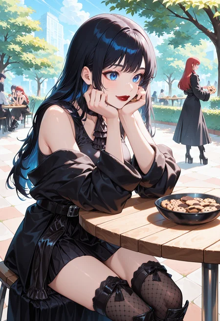 masterpiece, best quality, absurdres, highres, newest,<lora:cfg_scale_boost:.7> ,cowboy shot,  outdoors, spring, table, lunch, meal, unaware, holding, holding cookie, light smile, sitting, sitting at table, head rest, looking at cookie, solo focus,   medium breasts, day
gaiaxiv, blue eyes, red lips, black hair, long hair,
 black ascot, black tank top, black skirt, black belt,
 black long coat, off shoulder, long sleeves, 
black fishnet thighhighs, 
black high heel boots, platform footwear, footwear ribbon, 
<lora:Gaia_XIV_IL:1>