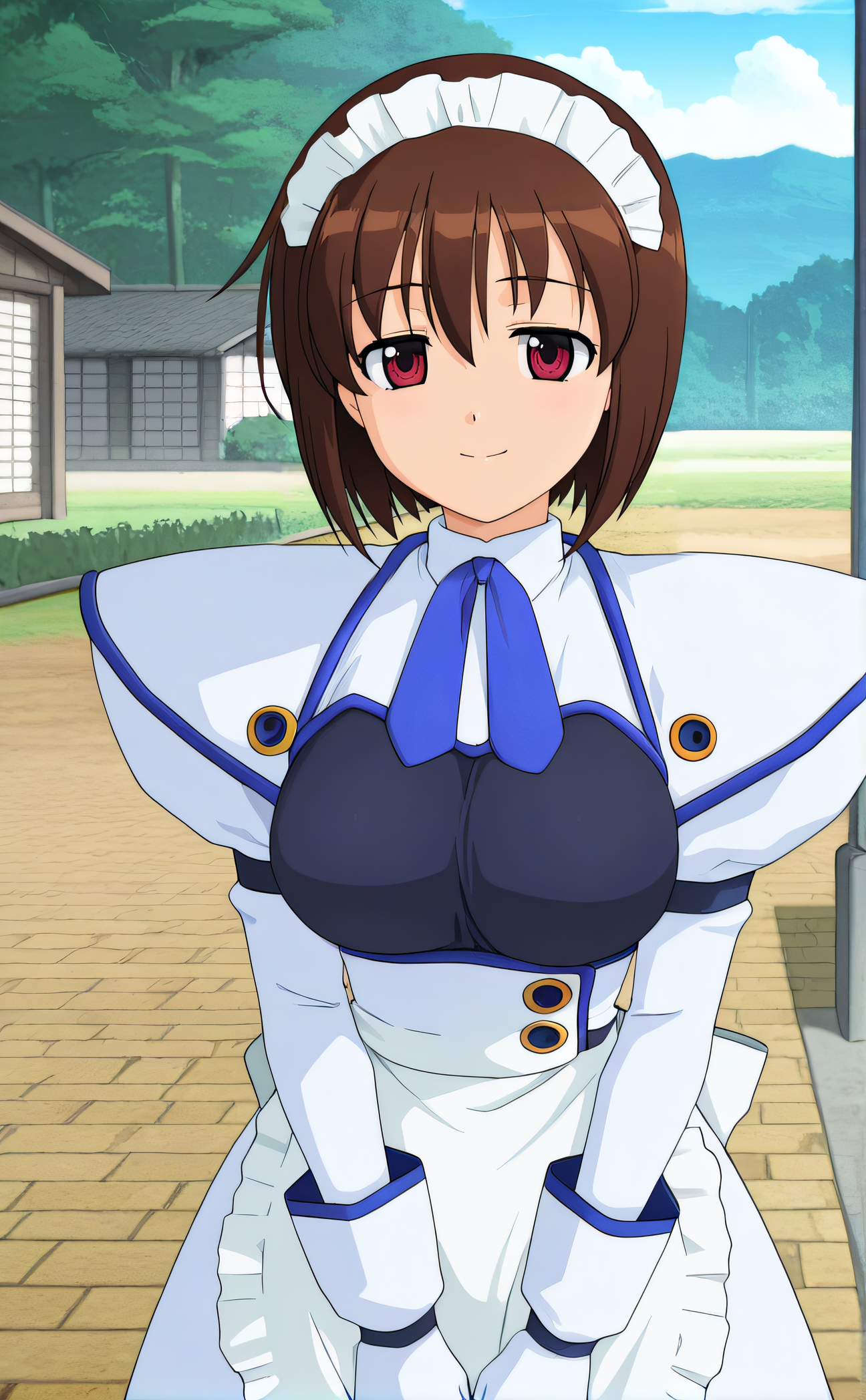 masterpiece, best quality, highres, newest, 1girl, solo, official style, anime screencap, <lora:IL_Saki:1>, saki, brown hair, red eyes, madi headdress, juliet sleeves, dress, white apron, white gloves, looking at viewer, smile, outdoor, cowboy shot
