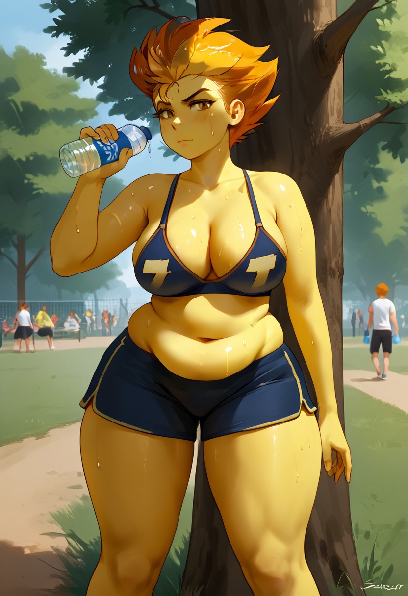 score_9, score_8_up, score_6_up, solo, Spitfire, Yellow Skin, Orange Hair, short hair, big breasts, cleavage, plump, chubby, fat belly, wide hips, thick thighs, huge ass, jogging bra, shorts, water bottle, sweating, public park, leaning on tree, sagging belly, looking at viewer, one eyebrow raised, detailed, masterpiece