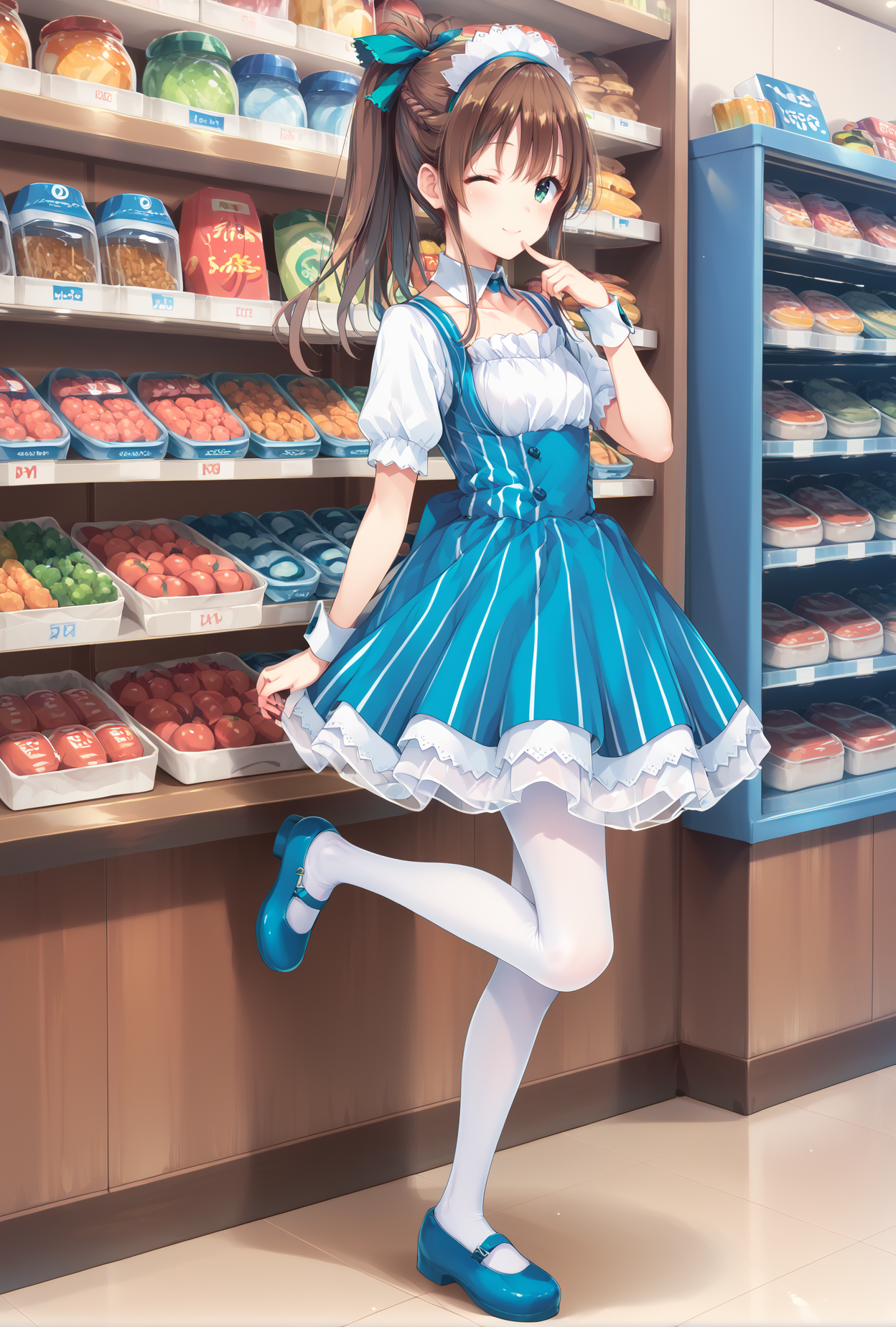 score_9, score_8_up, score_7_up, score_6_up, score_5_up, score_4_up,anime,full body, finger to mouth,one eye closed, 
  misaki,1girl,ponytail,hair ribbon,brown hair,green eyes,smile, 
katoumaid, blue short dress,maid, maid headdress, puffy short sleeves, detached collar, frills, vertical stripes,
white pantyhose,blue mary janes  from side, standing on one leg, 
store,indoors,shelf, <lora:MisakiXLPony:0.8>,<lora:katoumaidXLPony:1>