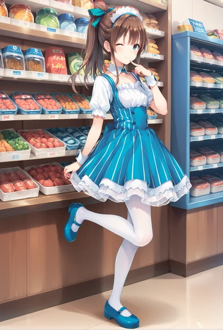 score_9, score_8_up, score_7_up, score_6_up, score_5_up, score_4_up,anime,full body, finger to mouth,one eye closed,
misaki,1girl,ponytail,hair ribbon,brown hair,green eyes,smile,
katoumaid, blue short dress,maid, maid headdress, puffy short sleeves, detached collar, frills, vertical stripes,
white pantyhose,blue mary janes from side, standing on one leg,
store,indoors,shelf, <lora:MisakiXLPony:0.8>,<lora:katoumaidXLPony:1>