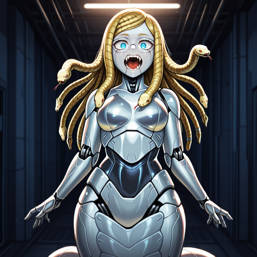 IllusP0s,<lora:Real_Grade_Androids:1.3>,r34lgrade,(robot:1.1),science fiction,robot joints,(android:1.1),(metal skin:1.4),humanoid robot,joints,machine,(cyber face:1.4),solo,lamia,(cable hair:1.7),<lora:Melissa Illu:1>,mel1ssa,blonde hair,blue eyes,glasses,long hair,(snake hair:1.5),open mouth,snake mouth,(long fangs:1.5),fangs,hips BREAK
detailed background,backlighting,dark,(horror \(theme\):1.2),