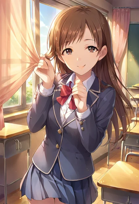 score_9, score_8_up, score_7_up, source_anime,nitta minami, brown hair, brown eyes, long hair, 1girl, curtains, smile, solo, skirt, desk, school uniform, curtain grab, classroom, looking at viewer, jacket, blazer