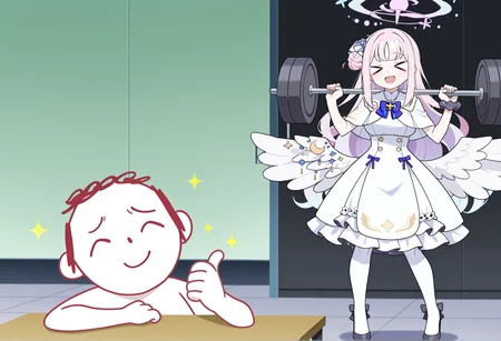 anime screenshot, anime screencap, anime coloring, look_at_my_tsukasa, parody, sparkles, upper body, thumbs up, table, 1boy, doodle sensei <lora:Look_at_my_Tsukasa_medalist_meme:1>
BREAK
anime screenshot, anime screencap, anime coloring, 1girl, mika \(blue archive\), weightlifting, XD, smile, full body, weights, standing, masterpiece, best quality, amazing quality, very aesthetic, absurdres, highres, newest