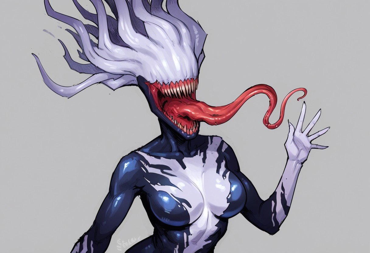 score_9, score_8_up, score_7_up, 1girl, solo, (BCSymbiote, monster girl, tentacle hair, symbiote, eyeless, tentacle hair, featureless breasts, white face, black body, white body, two tone body, sharp teeth, open mouth, smile, tongue out, long tongue), waving, looking at viewer, close-up, grey background, simple background, 4k, masterpiece, best quality, highly detailed, realistic