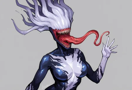 score_9, score_8_up, score_7_up, 1girl, solo, (BCSymbiote, monster girl, tentacle hair, symbiote, eyeless, tentacle hair, featureless breasts, white face, black body, white body, two tone body, sharp teeth, open mouth, smile, tongue out, long tongue), waving, looking at viewer, close-up, grey background, simple background, 4k, masterpiece, best quality, highly detailed, realistic