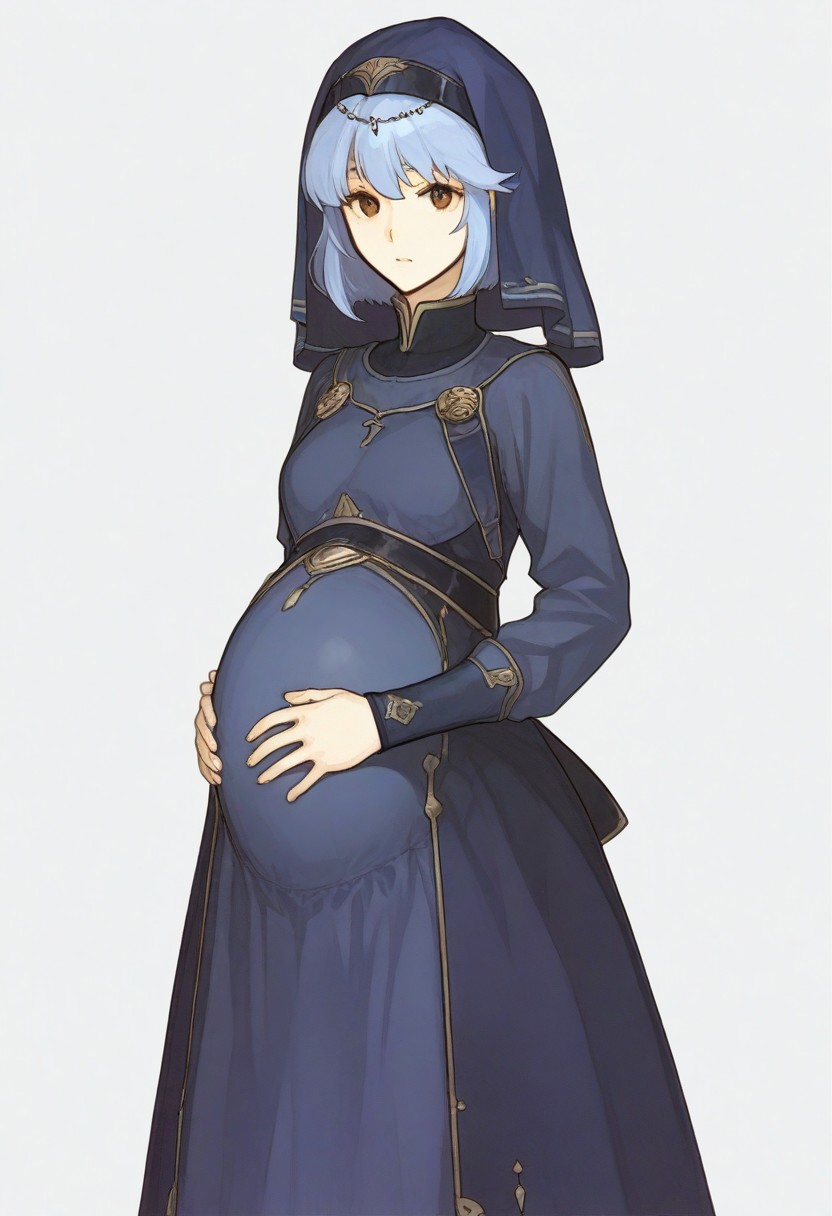 score_9, score_8_up, score_7_up, detailed, 
, clothed, pregnant, 
<lora:FE_Echoes_Shadows_of_Valentia_-_ArtStyle:1>, FE-Sh4d0ws, 1girl, solo, looking at viewer, short hair, simple background, long sleeves, white background, dress, brown eyes, blue hair, standing, , , , veil, masterpiece, best quality, amazing quality, masterwork, cinematic light, harsh shadows, light and shadows, perfect composition, sidelocks,