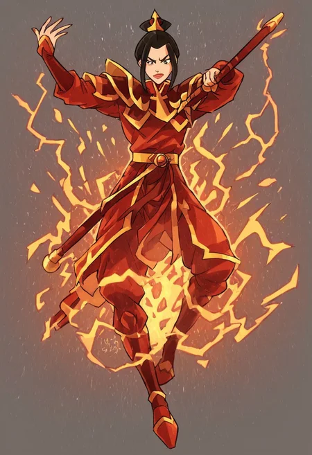 Azula, the fierce and cunning firebender, stands confidently at the center of the scene, wielding a bolt of lightning in her hand. Her eyes are sharp and intense, reflecting her unwavering determination and strategic mind. She is dressed in her traditional Fire Nation armor, which glows with shades of deep red and black, accented by golden details. Her long, dark hair flows behind her like a trail of smoke, subtly moving as if stirred by an unseen breeze. The background is a dramatic, volcanic landscape under a blood-red sky, with molten lava flowing across jagged rocks and plumes of dark smoke rising into the air. Blue flames dance around her, highlighting her unique firebending abilities and adding a contrasting, electric blue hue to the predominantly warm color palette. The atmosphere is charged with tension and raw power, as Azula embodies the dangerous and unpredictable force of fire and lightning. Her stance is both regal and intimidating, conveying a sense of control and command over the elements she wields. The image should be rendered in maximum ultra-high-definition quality, with detailed textures and ultra-realistic lighting to capture the glow of the flames, the sharpness of the lightning, and the intensity of the scene. The special effects should emphasize the crackling energy of the lightning and the heat of the flames, creating a dynamic 8K high-definition image with realistic lighting to enhance the dramatic and powerful atmosphere.