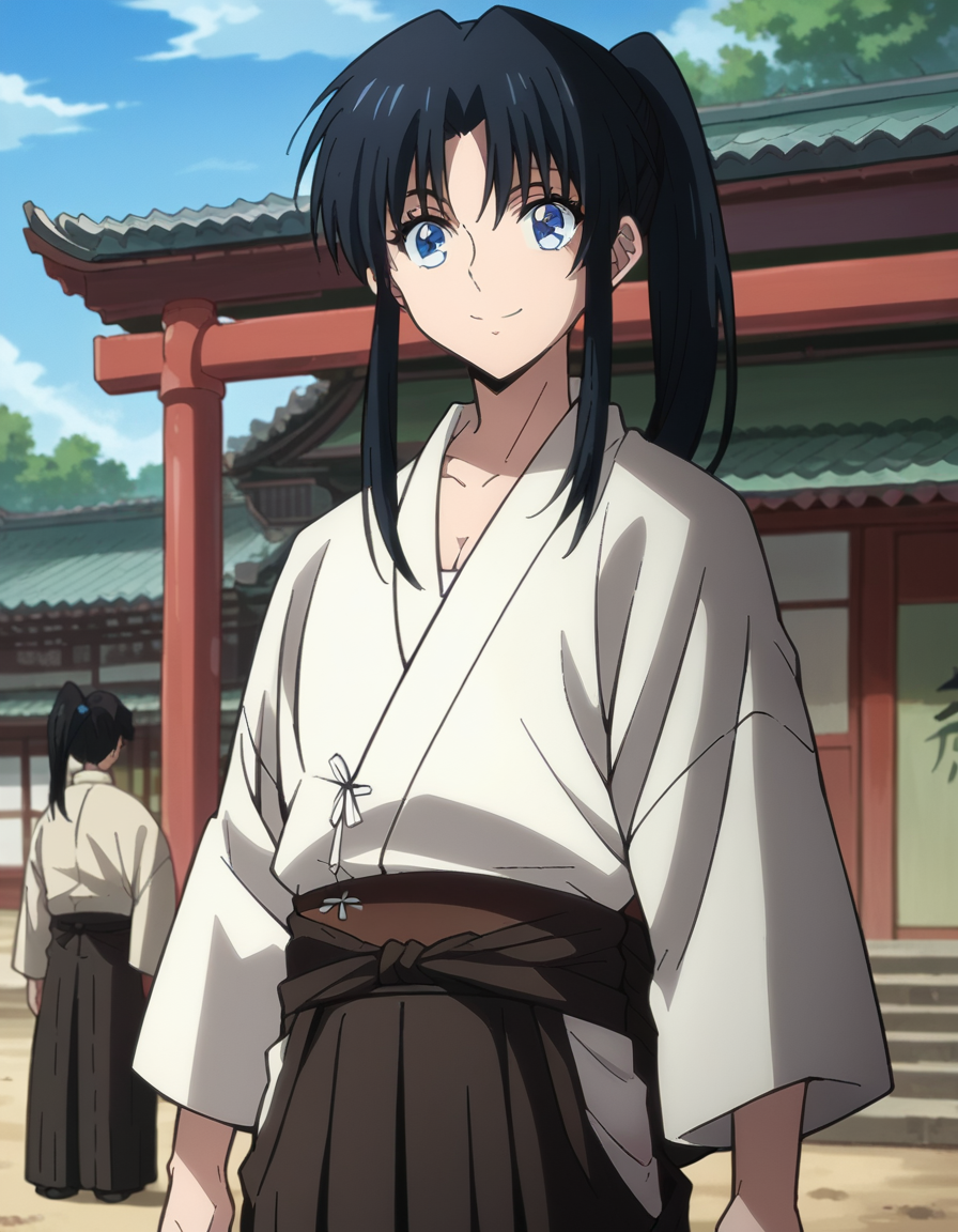score_9, score_8_up, score_7_up, source_anime,
kaorukamiya, <lora:kaoru-kamiya-ponyxl-lora-nochekaiser:1>
kaoru kamiya, blue eyes, black hair,
skirt, japanese clothes, hakama, hakama skirt, ponytail,
outdoors, shrine, smile,
looking at viewer, dutch angle, cowboy shot