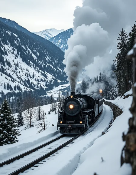 Imagine an image of an old steam locomotive moving through a snowy mountain pass, smoke billowing into the cold air.