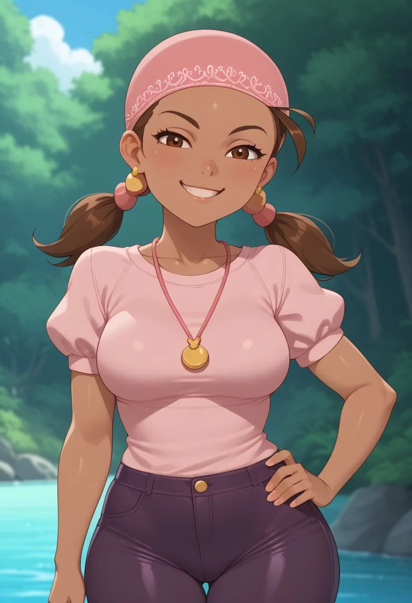 score_9, score_8_up, score_7_up, , shiny skin, skindentation, deep skin, anime, high quality, highres, 1girl, solo, (curvy), ((wide hips)),, thick thighs, cute, , sexy, medium breasts, 1girl, dark skin, brown hair, brown eyes, twintails, Pink bandana, earrings, necklace, pink shirt, grilled shirt, short sleeves, puffy sleeves, puffy sleeves, short sleeves, purple pants, tight pants, smirk, smug, hand on hip