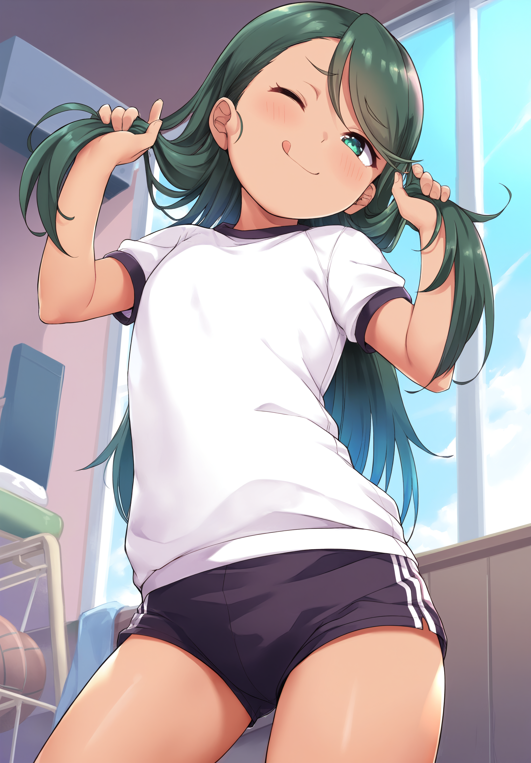 masterpiece,absurdres,best quality,high quality,<lora:KanabunXLV2 Vpred Noob:1>,1girl,solo,close-up,from below,standing,dark-skinned female,green hair,long hair,straight hair,swept bangs,green eyes,one eye closed,blush,flat chest,tongue,indoors,smug,gym uniform,contrapposto,head tilt,w arms,holding hair up,window,sky,