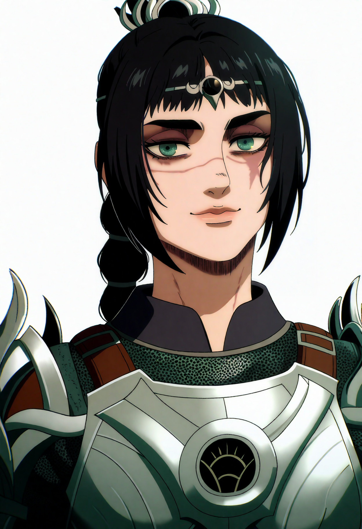 best quality, amazing quality, very aesthetic, absurdres,
1girl, solo, shadowheart, black hair, braided ponytail, green eyes, scar on face, circlet, armor,
smile, looking at viewer, upper body, simple background, white background,  <lora:ShadowHeartIllustrious_byKonan:0.8>  <lora:AttackOnTitanNoob_byKonanV2:1>