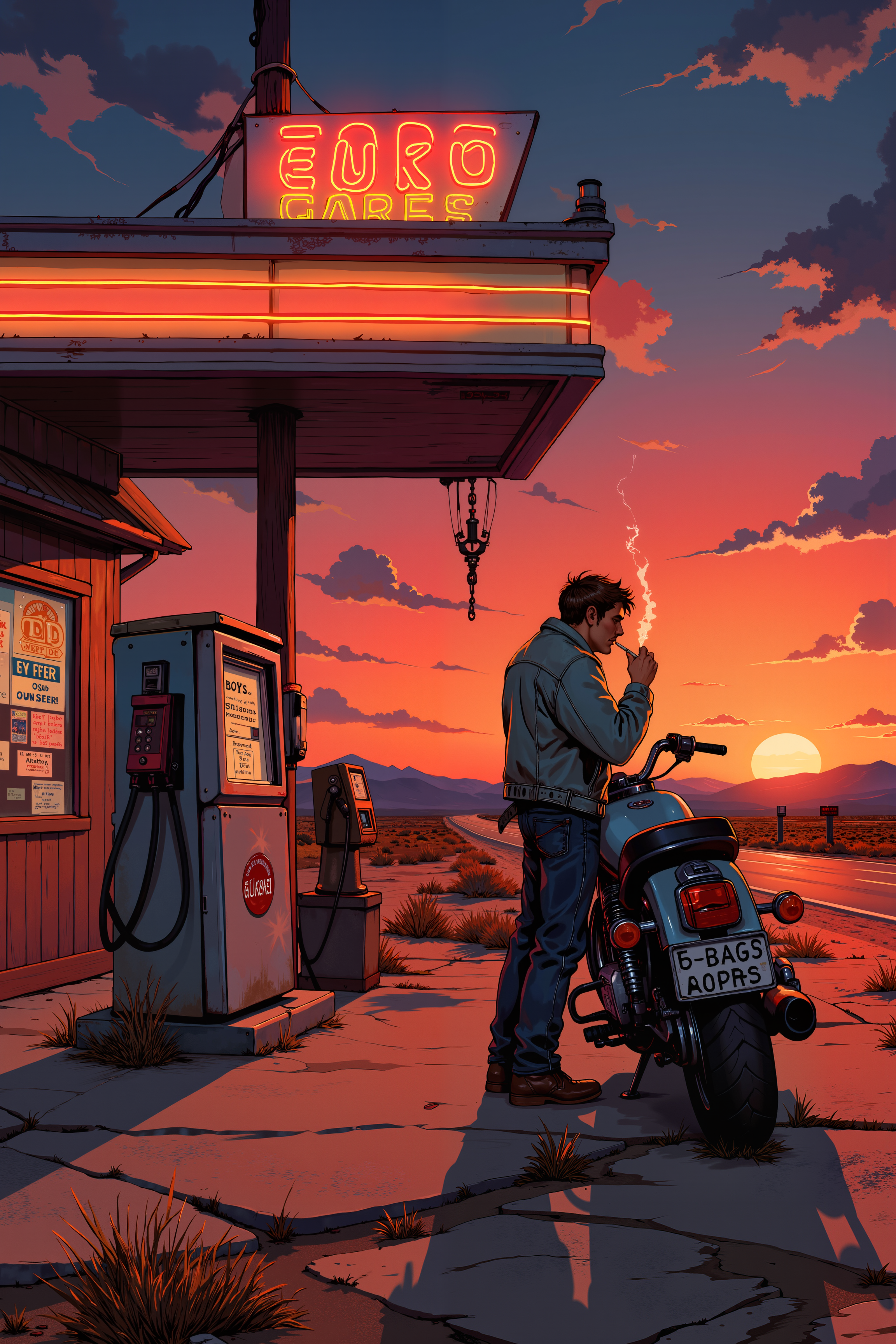 A lone gas station standing in the middle of an endless desert highway at dusk. The sun, a molten red orb, sinks behind the distant hills, casting long shadows across the cracked asphalt. A man in a worn denim jacket and dusty boots leans against an old motorcycle, lighting a cigarette as the neon sign above flickers erratically. The gas pumps are faded, their paint peeling, and the convenience store behind him is dimly lit, its windows covered in faded posters and hand-written signs. The air is dry, thick with the lingering heat of the day, and the scent of gasoline and distant rain lingers. An old payphone near the store door dangles from its cord, forgotten and useless. The highway stretches endlessly in both directions, disappearing into the horizon like an unfinished thought. The man watches the road, as if waiting for somethingâor someoneâthat may never come. The world is quiet, the moment heavy with an unspoken sense of longing and solitude. , detailed background  Fantastic lighting. Detailed shadows.intricate details, vivid colors, hyper-detailed, ultra-sharp, , <lora:XRSTYLE_FLUX:0.5><lora:RetroAnimeFluxV1:0.4><lora:MoriiMee_Gothic_Niji_Style_FLUX:0.3>
