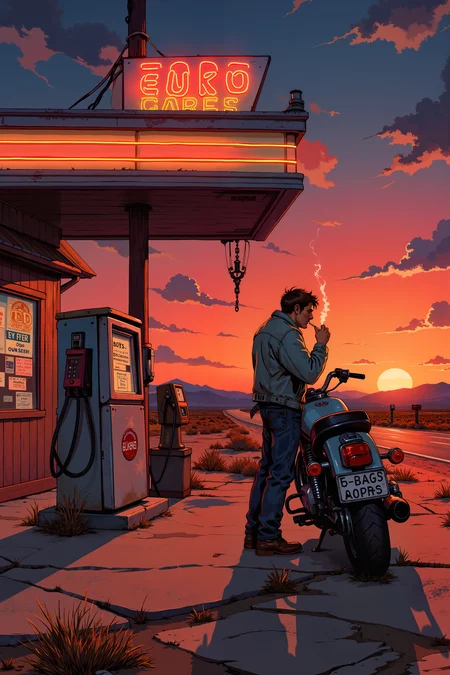 A lone gas station standing in the middle of an endless desert highway at dusk. The sun, a molten red orb, sinks behind the distant hills, casting long shadows across the cracked asphalt. A man in a worn denim jacket and dusty boots leans against an old motorcycle, lighting a cigarette as the neon sign above flickers erratically. The gas pumps are faded, their paint peeling, and the convenience store behind him is dimly lit, its windows covered in faded posters and hand-written signs. The air is dry, thick with the lingering heat of the day, and the scent of gasoline and distant rain lingers. An old payphone near the store door dangles from its cord, forgotten and useless. The highway stretches endlessly in both directions, disappearing into the horizon like an unfinished thought. The man watches the road, as if waiting for somethingâor someoneâthat may never come. The world is quiet, the moment heavy with an unspoken sense of longing and solitude. , detailed background Fantastic lighting. Detailed shadows.intricate details, vivid colors, hyper-detailed, ultra-sharp, , <lora:XRSTYLE_FLUX:0.5><lora:RetroAnimeFluxV1:0.4><lora:MoriiMee_Gothic_Niji_Style_FLUX:0.3>