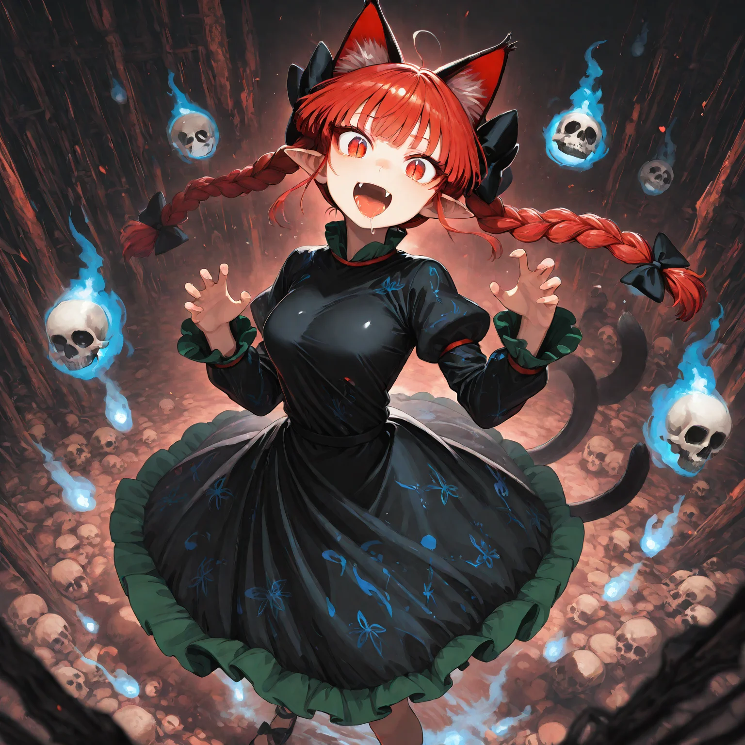 munakata_(sekimizu_kazuki), hamada_yoshikazu,negative space, cinematic shot, masterpiece, highres, absurdres, newest,  wide shot, ,slimes_skullwm,made of skulls,kaenbyou_rin, touhou, 1girl, pink_hair, red_eyes, solo,animal_ears ,black_bow, black_dress , braid,breasts, cat_ears , dress,extra_ears, fang ,frilled_dress ,frills, hair_bow ,large_breasts ,long_eyelashes  ,long_sleeves ,looking_at_viewer ,multiple_hair_bows, pointy_ears ,red_bow , red_hair, slit_pupils, smil,tight_clothes ,tight_dress, twin_braids ,fang, crazy_eyes ,crazy_smile ,open mouth, saliva,saliva_trail ,saliva_drip ,
<lora:SlimesSkullWM:1> <lora:ponyv5_noobE11_1_adamW:0.7> <lora:illustrious_noobai_epsilon_pred_11_very_aesthetic_v1:0.7> , <lora:kaenbyou_rin_image6792_2023-12-20:0.6>