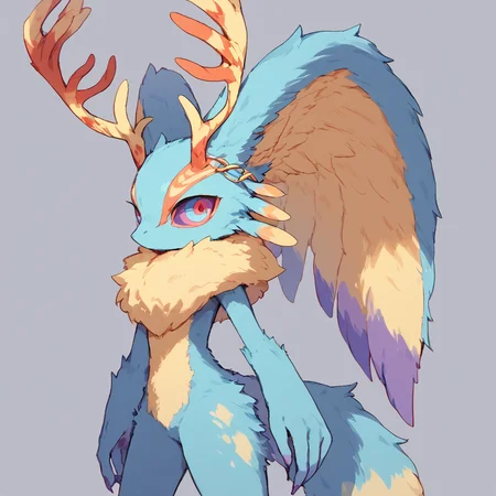 <lora:Elfilis:0.8> score_9, Fecto Elfilis, blue fur, multicolored eyes, head wings, antlers, yellow fur, colored sclera, fluffy tail