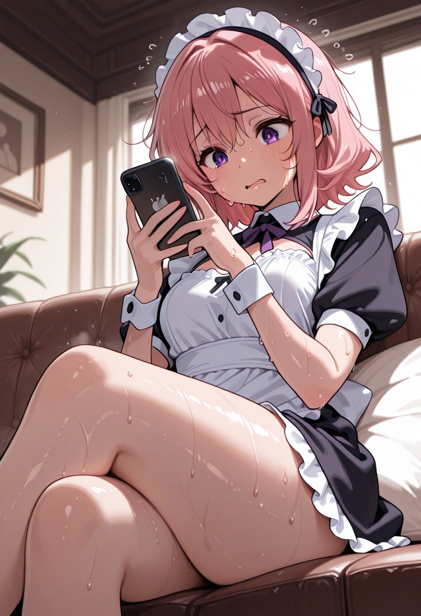 woman, CivChan, purple eyes, pink hair, sitting on a couch, holding a phone, focus looking, sweating, high quality, best quality, masterpiece, 4k resolution, anime