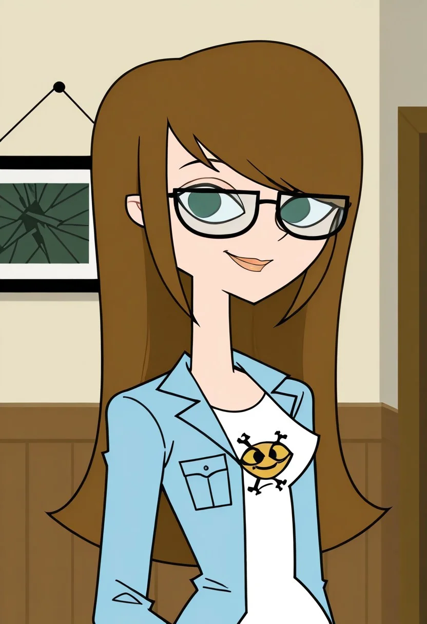 score_9,score_8_up,score_7_up, 1girl, solo, Ally_DC_IL, fair skin, dark green eyes, brown hair, black frames glasses, lips, long straight hair, bangs, white undershirt with print, light blue jacket, looking at viewer, indoors, room background, (portrait) smile, standing, no pupils