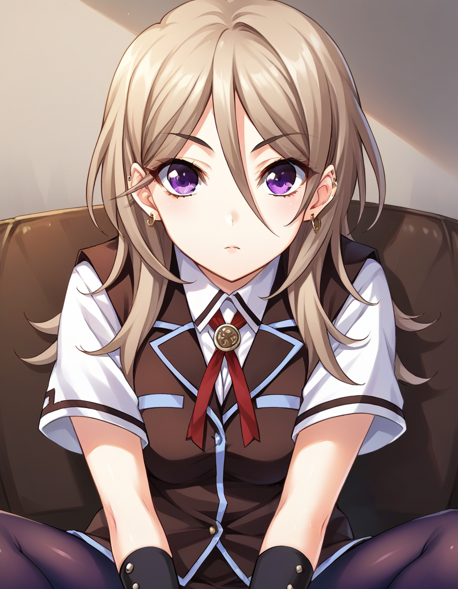 1girl,solo,inui_azusa,hair between eyes,purple eyes,stud earrings,school uniform,brown vest,pantyhose,<lora:inui_azusa-000010:0.8>,indoors,, score_9, score_8_up, score_7_up, score_6_up, score_5_up, score_4_up, BREAK source_anime,