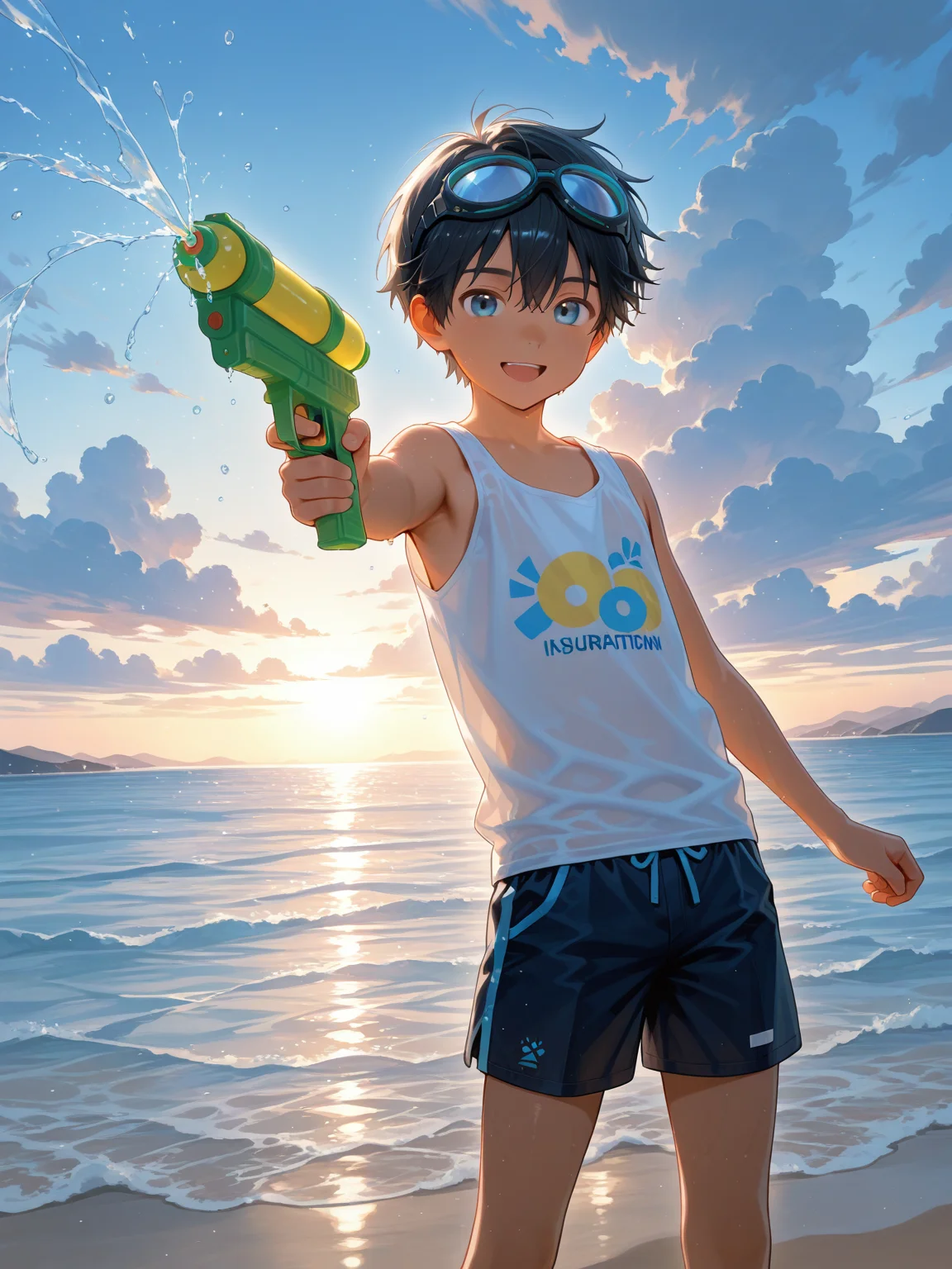 1boy,aged down,solo,short hair,black hair,hair between eyes,blue eyes,multicolored_eyes,tan,tank top,shorts,goggles on head,standing,aiming at viewer,water gun,looking at viewer,smile,open mouth,water,cloudy sky,day,cinematic lighting,illustration,artbook,outline,IllusP0s,<lora:aidmaFLuxPro1.1_v0.3_IL:0.25>,<lora:ai_styles_collection_noob_vpred-1.0-v6-edm2-pass:0.3>,<lora:akicocolo:0.7>,