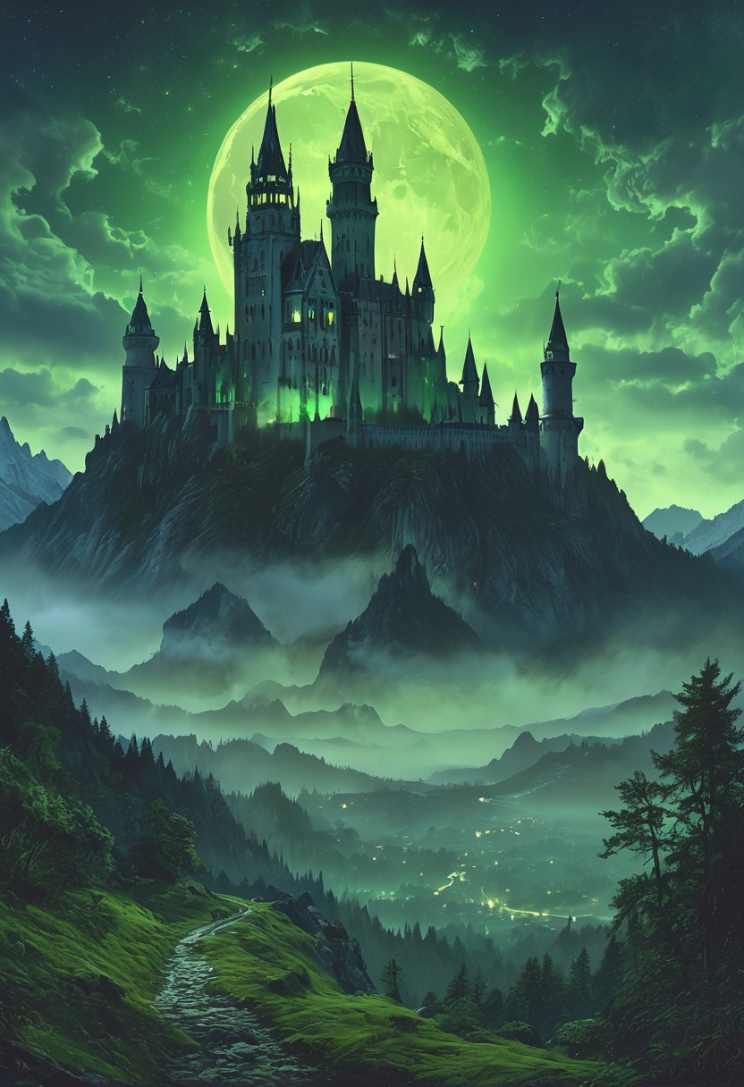 A captivating night scene illustration featuring a forboding and haunted castle on a great  great mountain. The castle and mountain are much like Neuschwanstein Castle in Bavaria.  This enchanting artwork captures a dark and ominous night, where an ominous green moon  hangs above  and over the  tree covered mountain and range and castle which  stands resolute amidst the great mountains, the moon bathes the are in a sickly green light,  The lights from the castle cast an ominous green light and glow,  creating a cinematic experience., illustration, cinematic
<lora:DonM3t3rn1tyXL-v1.1:0.7>, DonM3t3rn1tyXL,
OverallDetailXL  <lora:MJ52:0.3>  <lora:SDXLFaeTastic2400:0.4>  <lora:EpicF4nta5yXL:0.7>