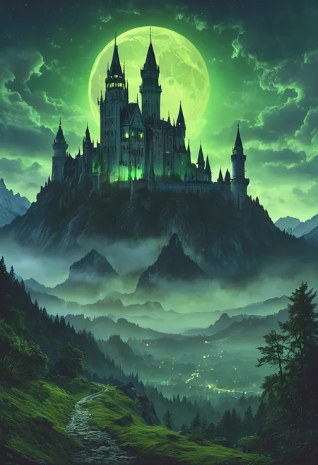 A captivating night scene illustration featuring a forboding and haunted castle on a great  great mountain. The castle and mountain are much like Neuschwanstein Castle in Bavaria.  This enchanting artwork captures a dark and ominous night, where an ominous green moon  hangs above  and over the  tree covered mountain and range and castle which  stands resolute amidst the great mountains, the moon bathes the are in a sickly green light,  The lights from the castle cast an ominous green light and glow,  creating a cinematic experience., illustration, cinematic
<lora:DonM3t3rn1tyXL-v1.1:0.7>, DonM3t3rn1tyXL,
OverallDetailXL  <lora:MJ52:0.3>  <lora:SDXLFaeTastic2400:0.4>  <lora:EpicF4nta5yXL:0.7>