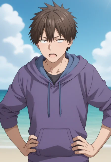 score_9,score_8_up,score_7_up,score_6_up,score_5_up,score_4_up,sakurai shin'ichi,1boy,male focus,solo,outdoors,purple hoodie,sky,cloud,day,(sanpaku:1.2),open mouth,blue sky,hands on own hips,upper body,blurry,blurry background,black shirt,<lora:shinichi_sakurai_V2-3-000010>,anime screenshot,