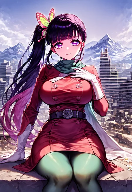 gorgeous lips, cinematic, (masterpiece), (best quality), (ultra-detailed), very aesthetic, perfect composition, intricate details, absurdres, detailed face, (anime, masterpiece, intricate:1.3), (best quality, hires textures, high detail:1.2), score_9, score_8_up, score_7_up, source_anime, 1girl, kanao tsuyuri, black hair, pink highlights, butterfly, butterfly hair ornament, purple eyes, long hair, side ponytail, ponytail, eyelashes, hair ornament, scarf, dress, red dress, long sleeves, buttons, gloves, white gloves, belt, pantyhose, green pantyhose, laced heel boots, white footwear, skirt, flower patterns, alternate_costume, enormous breasts, facial expression, kind, soft eyes, head tilt, slightly smiling, closed mouth, hand on breasts, goddess, building size, giantess, growing even bigger, sitting on the city floor, gradient eyes, beautiful detailed eyes, city background, mountain landscape, city, mountain, building, skyscrapers, surrounded by tall skyscrapers, (masterpiece:1.4), (best quality:1.4), (ultra-detailed:1.2), gl0w, glow,
