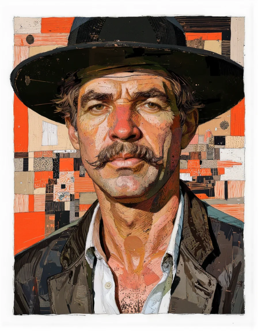 Tony Rodriguez style. This image is a digital drawing in a semi-realistic, abstract style. It depicts a close-up portrait of a middle-aged man with a rugged, weathered appearance. His skin tone is a mix of warm earthy tones, with shades of brown, red, and orange, giving a sense of age and exposure to the elements. He has a prominent, bushy mustache that contrasts with his skin tones, and his eyes are depicted in a realistic manner, with a penetrating gaze. The man is wearing a black hat, which casts a shadow over his face, adding to the ruggedness of his appearance. His clothing is minimalistic, with a white shirt visible at the collar and a dark jacket sleeve peeking out on the right side.
The background is a chaotic mix of geometric shapes, lines, and colors, primarily in shades of orange, red, and black, which creates a sense of depth and movement. The abstract elements add texture and contrast to the portrait, making it stand out against the busy background. The overall style is dynamic and expressive, capturing the essence of a tough, determined individual. The image is framed with a white border, which contrasts with the rich, vibrant colors within the drawing. <lora:Tony_Rodriguez_7:0.8>