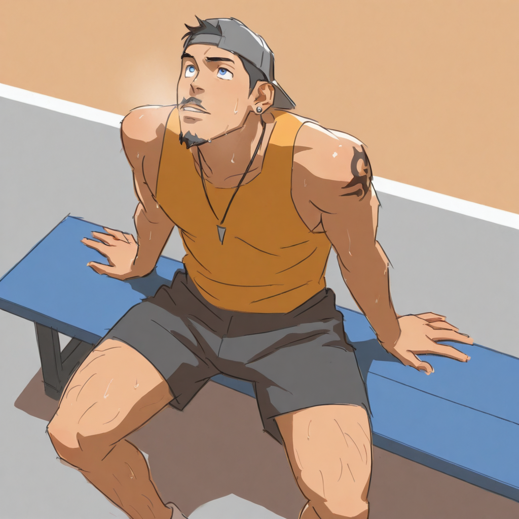 <lora:Illustrious\Style\eona_v1-06>sketch, hand drawn, masterpiece, bara, gay, yaoi, male focus,  1male, solo, 20yo, lean, tank top, shorts, backwards cap, sitting on concrete bench, looking up, sweaty, basketball court, earrings, necklace, tattoos, hairy legs, black hair, blue eyes, goatee, moustache, outdoors