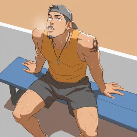 <lora:Illustrious\Style\eona_v1-06>sketch, hand drawn, masterpiece, bara, gay, yaoi, male focus,  1male, solo, 20yo, lean, tank top, shorts, backwards cap, sitting on concrete bench, looking up, sweaty, basketball court, earrings, necklace, tattoos, hairy legs, black hair, blue eyes, goatee, moustache, outdoors