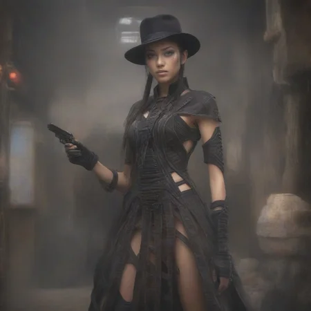 ((masterpiece, best quality, highly detailed)), cowboy shot, an asian woman, stunning looks, demobaza, demobaza, The Hateful Eight film style, ((tall hat:1.3)), ((holstered guns, (((holding guns))), six shooter in each hand, pointing at viewer, rifle in both hands:1.5)), (wearing western gunfighter clothes, shirt, pants, black boots,) in wild western town, desert background, lantern lights, short hair, brown eyes, demobaza, indian style, wild western