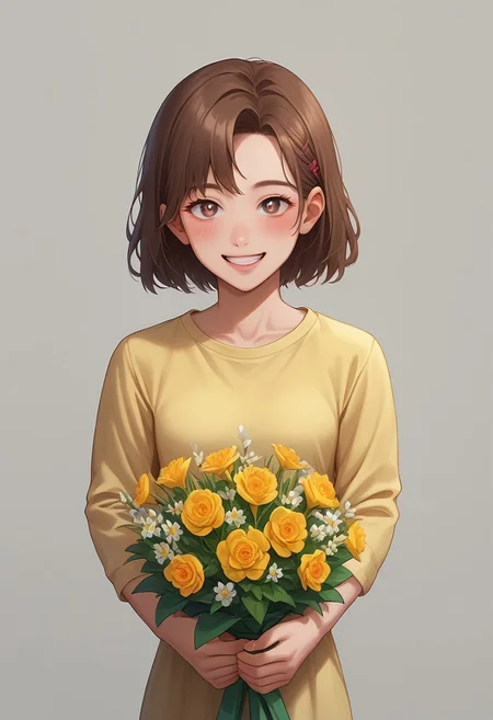 score_9, score_8_up, score_7_up, score_6_up, CasGAC, masterpiece, best quality, detailed eyes, detailed face, perfect eyes, high detailed, absurdres, highres, BREAK 1girl, young, solo, pretty, small breasts, brown medium hair, Chinese hairstyle, big yellow flowers in her hair, smile, teeth, blush, bright eyes, yellow shirt, flowers in a bouquet, BREAK hands down, standing, closeup shot, looking at viewer, BREAK simple background, purple gradient background