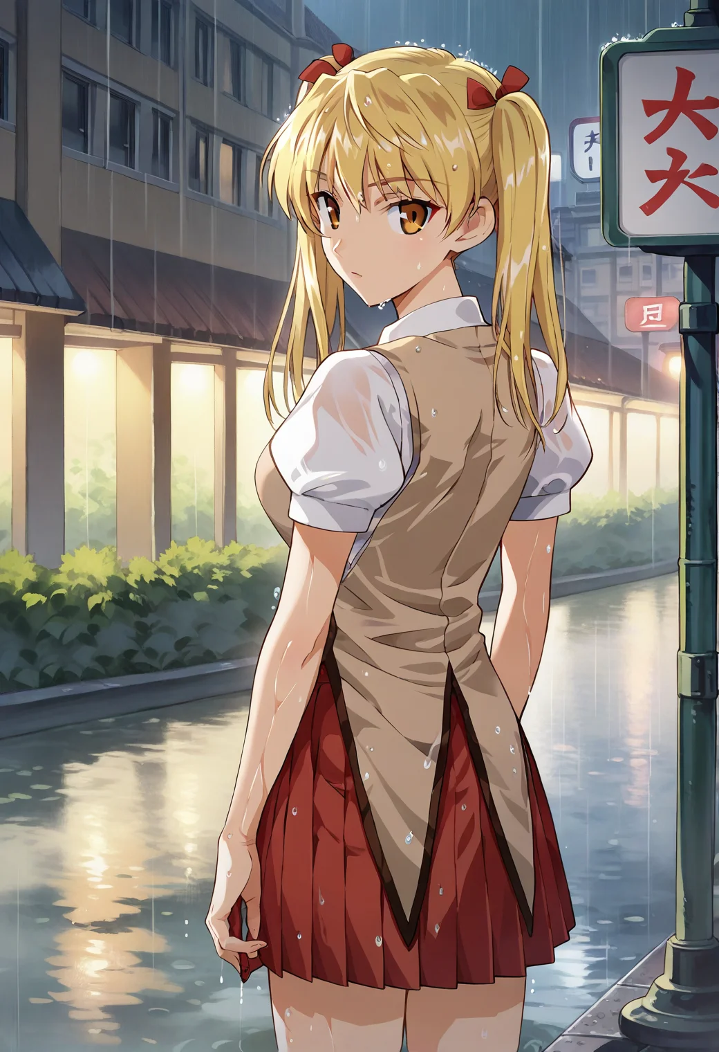 <lora:sawachika_eri_ponyxl_v8:0.8>, sawachika eri, twintails, solo, looking back, looking at viewer,
school uniform, brown vest, white shirt, collared shirt, red skirt, pleated skirt, puffy short sleeves,
from behind, cowboy shot, standing, wet,
rain, outdoors, street, building,
score_9, score_8_up, score_7_up, score_6_up, anime coloring, high quality, detailed, beautiful, shiny, outstanding, countershading, detailed soft lighting