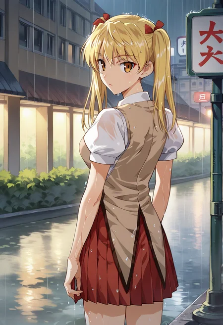 <lora:sawachika_eri_ponyxl_v8:0.8>, sawachika eri, twintails, solo, looking back, looking at viewer,
school uniform, brown vest, white shirt, collared shirt, red skirt, pleated skirt, puffy short sleeves,
from behind, cowboy shot, standing, wet,
rain, outdoors, street, building,
score_9, score_8_up, score_7_up, score_6_up, anime coloring, high quality, detailed, beautiful, shiny, outstanding, countershading, detailed soft lighting