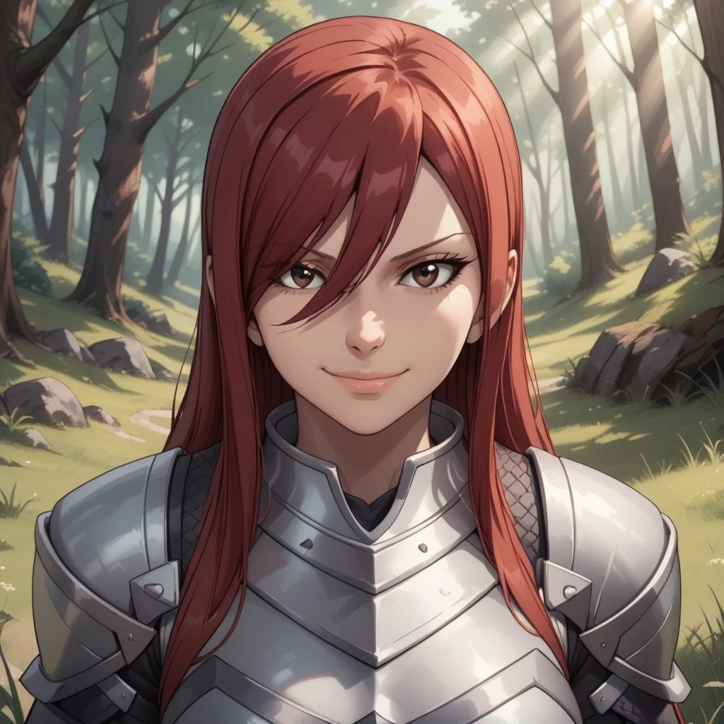 score_9, score_8, BREAK, solo, Erza_Scarlet_(Fairy_Tail), long hair, red hair, hair between eyes, brown eyes, large breasts, armor, hair over one eye, tattoo, shoulder armor, skirt, breastplate, gauntlets, blue skirt, self portrait, smile, looking at viewer, outdoors, sunlight, shadows, evening lighting, natural lighting, forest, trees, grass, orange sky, sunset