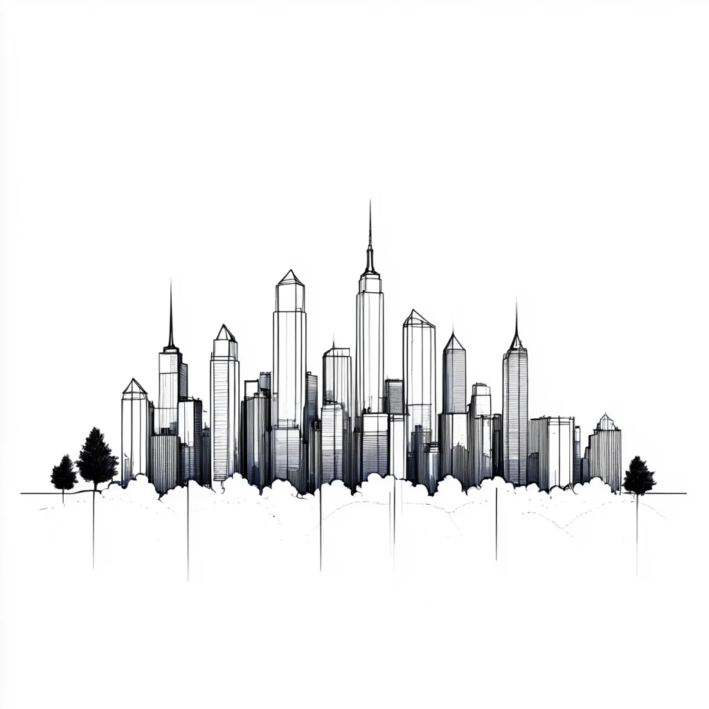 <lora:Minimalist_Line_Art:1>, ArsMJStyle, Minimalist Line Art, City skyline, continuous line art, architectural simplicity, urban landscape, minimalist cityscape, clean aesthetic, black lines, white space