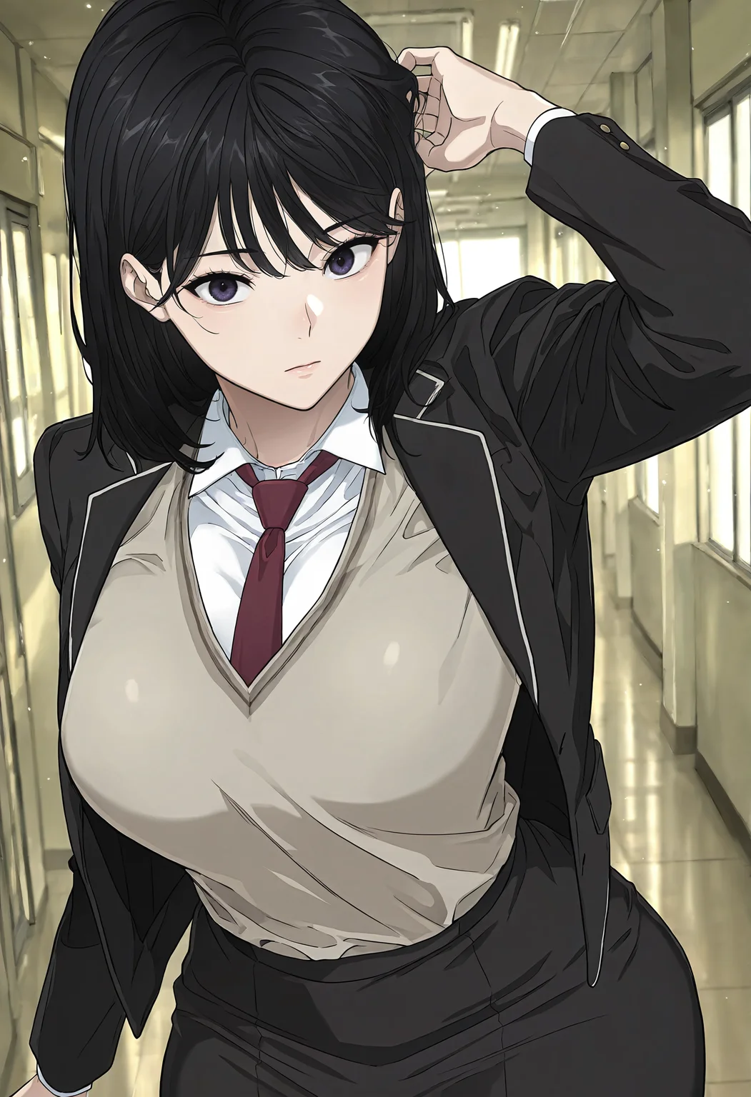 masterpiece, best quality, amazing quality, very aesthetic, absurdres, newest, scenery, 1girl, solo, huge breasts, <lora:Kim Dahyeon illustxl:0.9> black hair, black eyes, medium hair, purple eyes, school uniform, (black jacket:1.1), long sleeves, brown vest, white shirt, collared shirt, red necktie, pencil skirt, black skirt, school, hallway, inside, standing, afternoon, upper body, looking at viewer, shiny skin, anime coloring, anime screenshot, masterpiece, best quality, amazing quality, very aesthetic, absurdres, newest, scenery, volumetric lighting