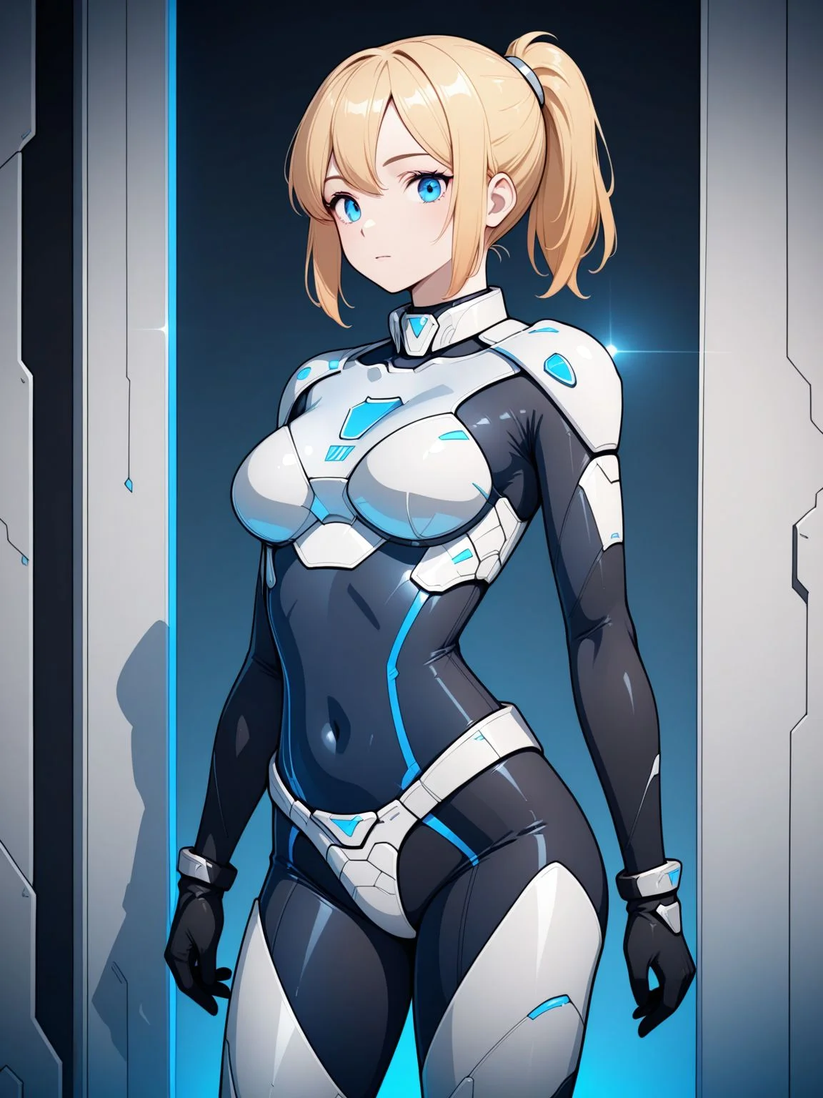 1girl,solo,<lora:Polarisbloc_Armor_Illustrious_V1.00:1>,polarisarmor,science fiction,bodysuit,black bodysuit,blue bodysuit,skin tight,armor,black gloves,blonde hair,ponytail,blue eyes,breasts,medium breasts,standing,cowboy shot,looking at viewer,