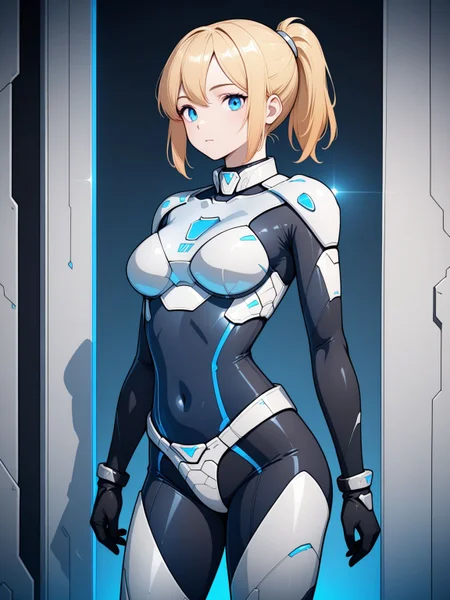 1girl,solo,<lora:Polarisbloc_Armor_Illustrious_V1.00:1>,polarisarmor,science fiction,bodysuit,black bodysuit,blue bodysuit,skin tight,armor,black gloves,blonde hair,ponytail,blue eyes,breasts,medium breasts,standing,cowboy shot,looking at viewer,